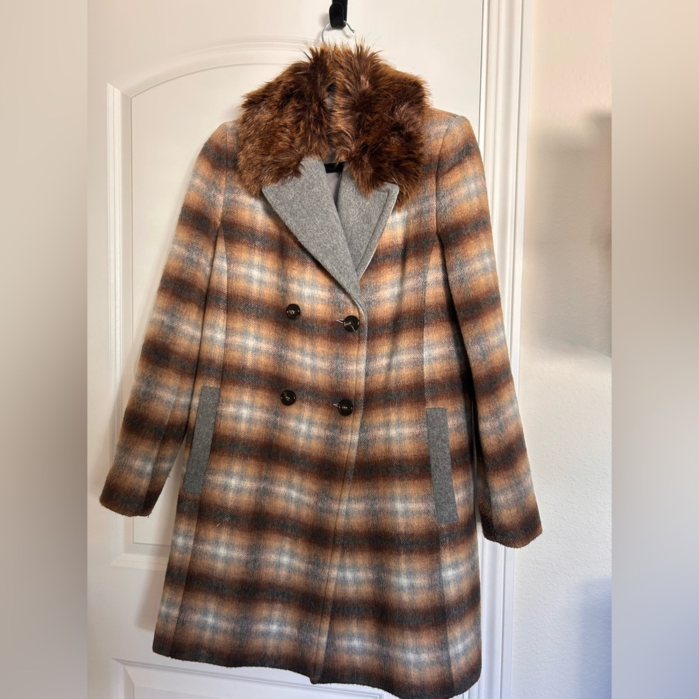French Connection Plaid Double-Breasted Coat with Faux Fur Collar